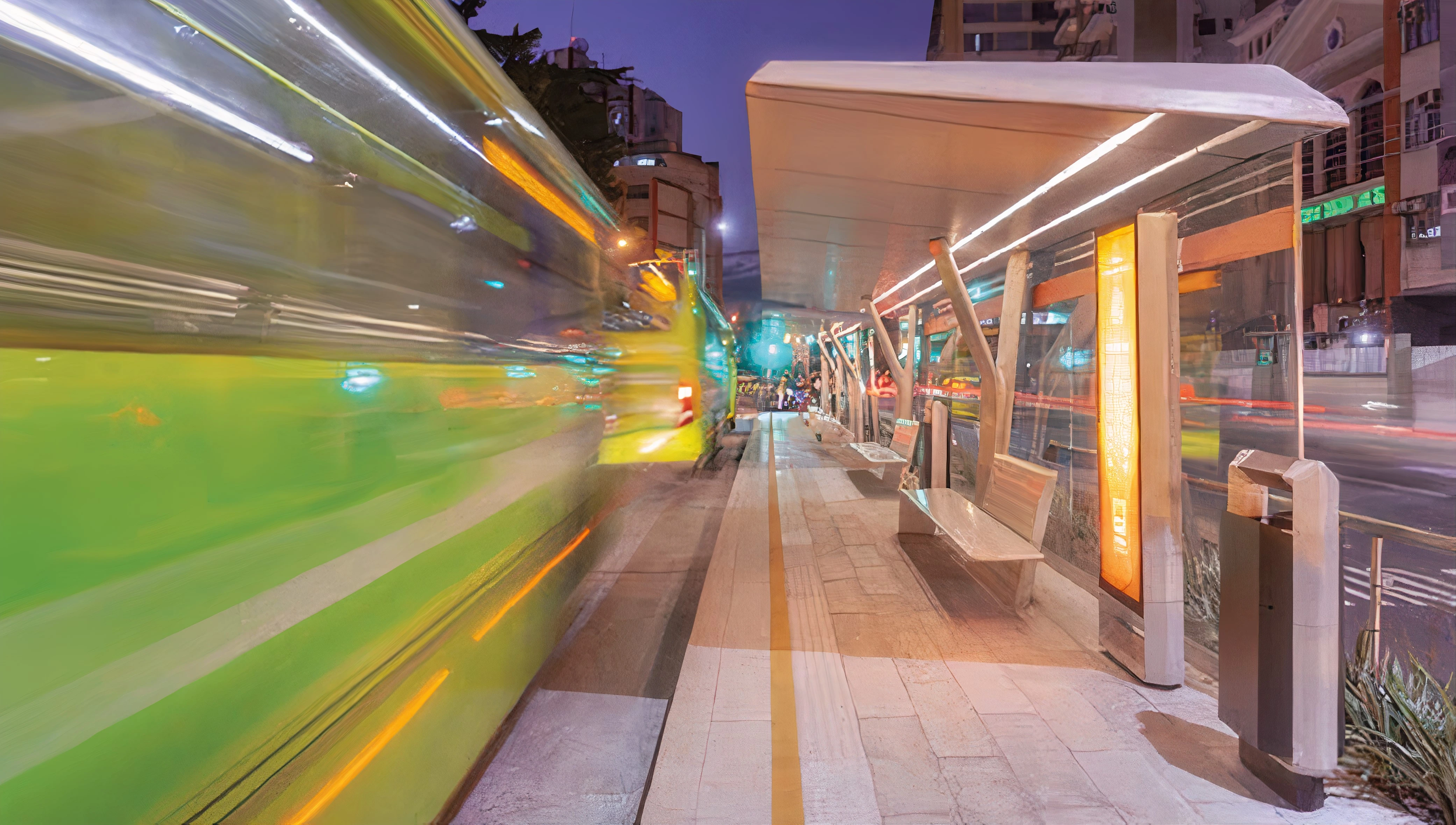 Foto de longa exposição dos ônibus transoceânicos passando pela estação